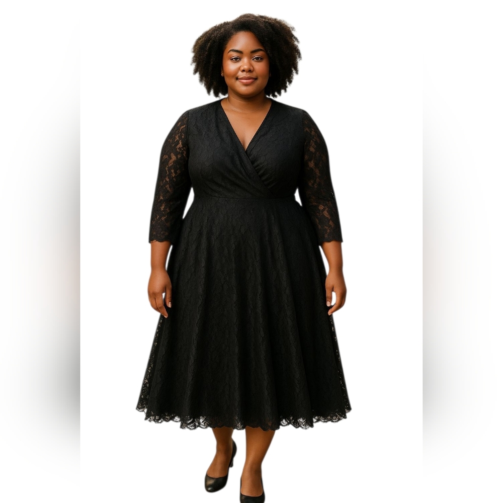 R&K Lace Dress Midi Black Formal Wrap Top 3/4 Sleeves Women's Size 16